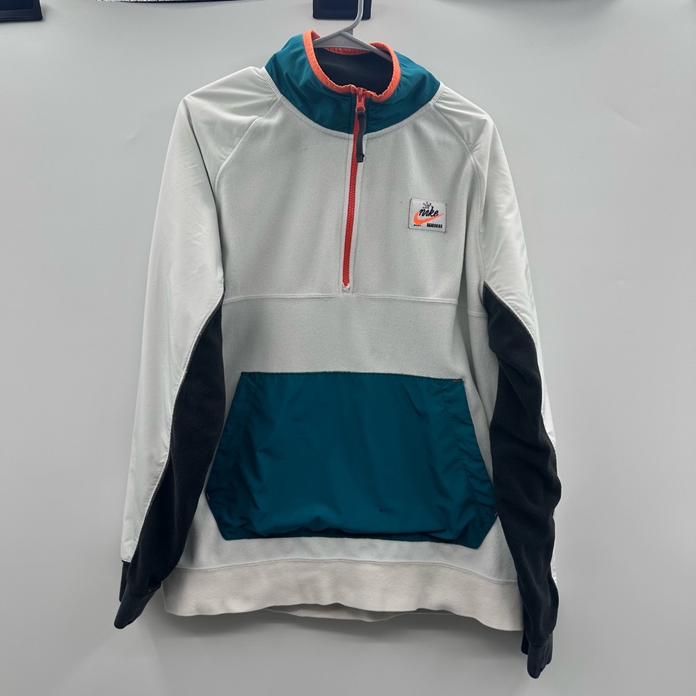 Nike 1/4 Zip Fleece Long Sleeve Retro Jacket Sz L White Blue & Black